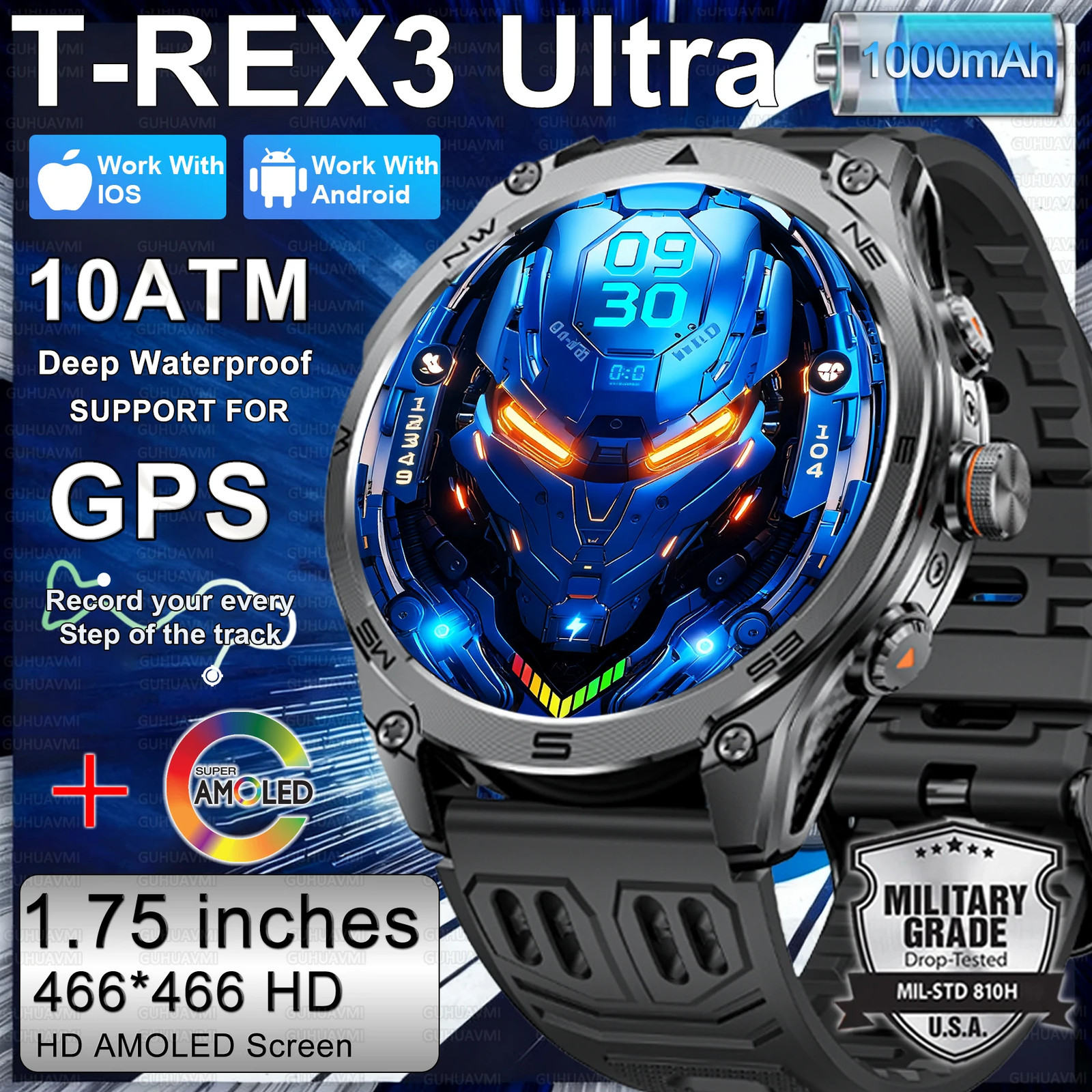 2026 Military Smart Watch with GPS, 10ATM Waterproof, and 1000mAh Battery