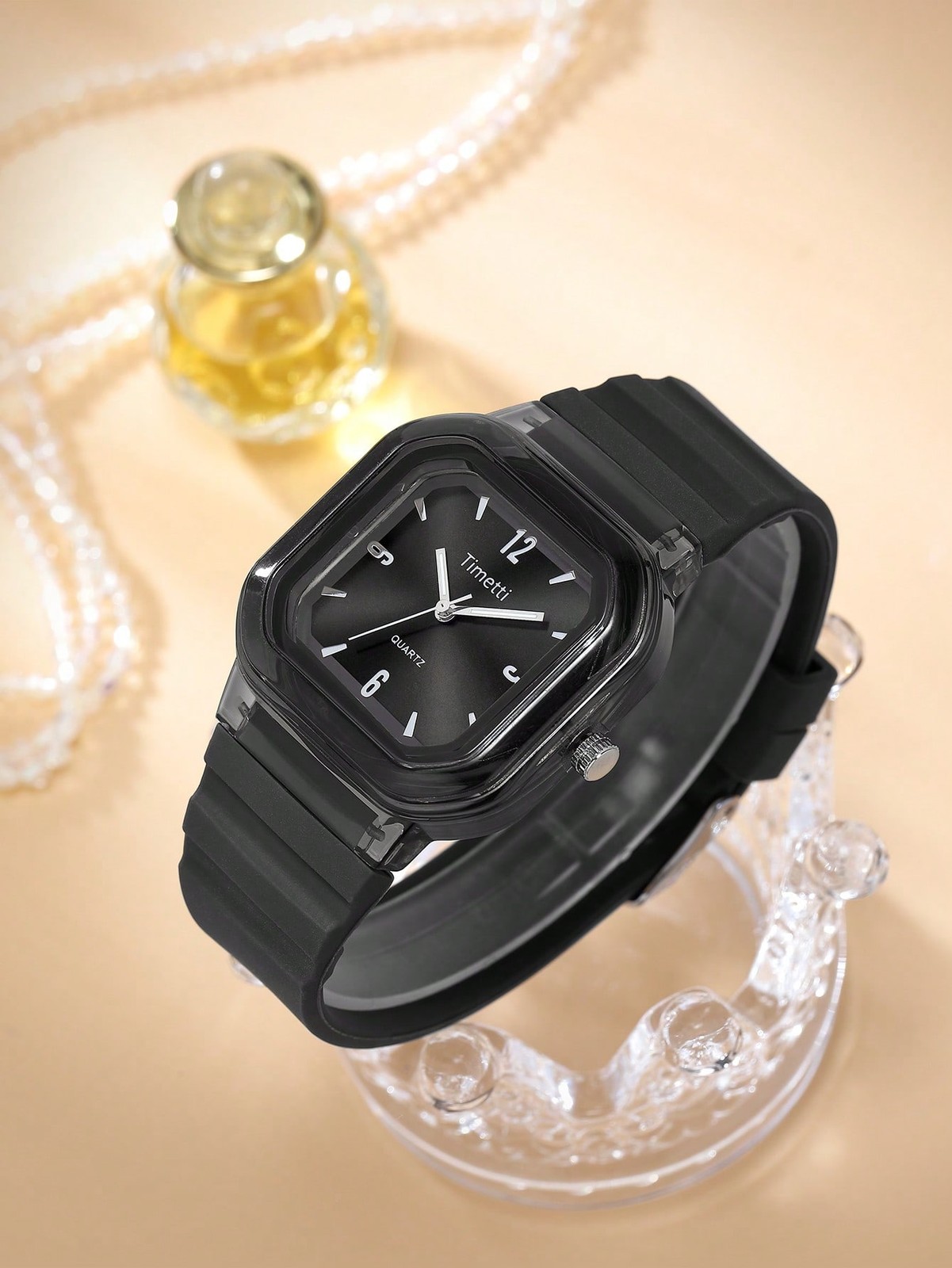 Black Square Minimalist Silicone Quartz Watch For Women Daily Wear
