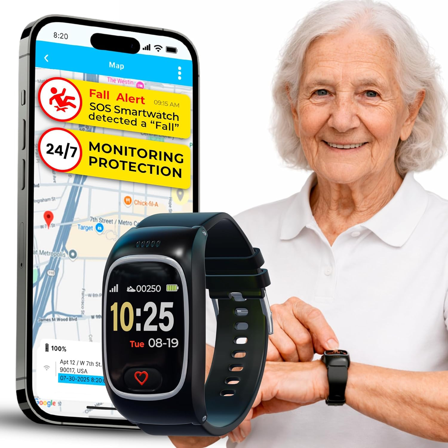 Smartwatch: Medical Alert Bracelet with GPS Tracker, Fall Detection Smart Watch,