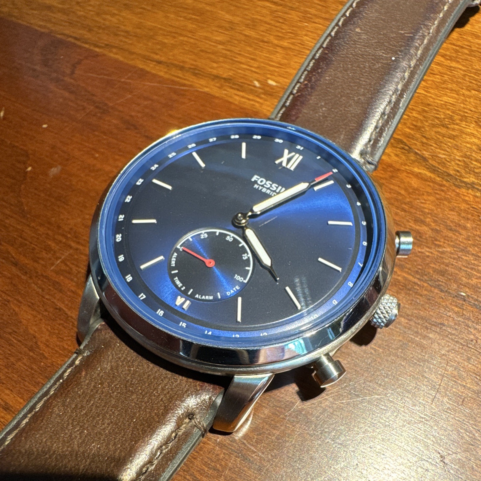Fossil Hybrid Smartwatch Blue Dial 42mm Silver Case Brown Leather Band