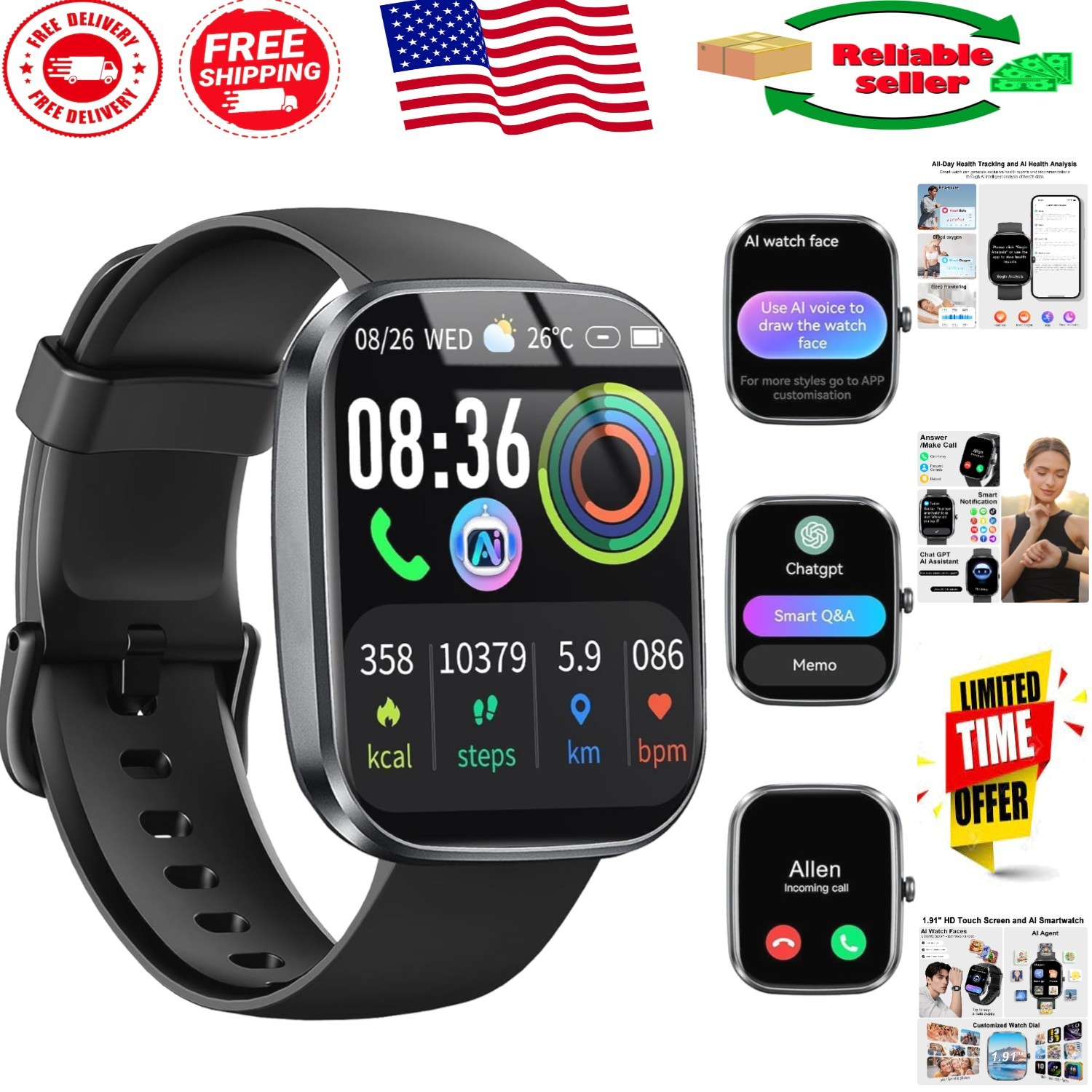 Elegant AI Smart Watch with Heart Rate Monitor & 1.91-Inch Touchscreen Display