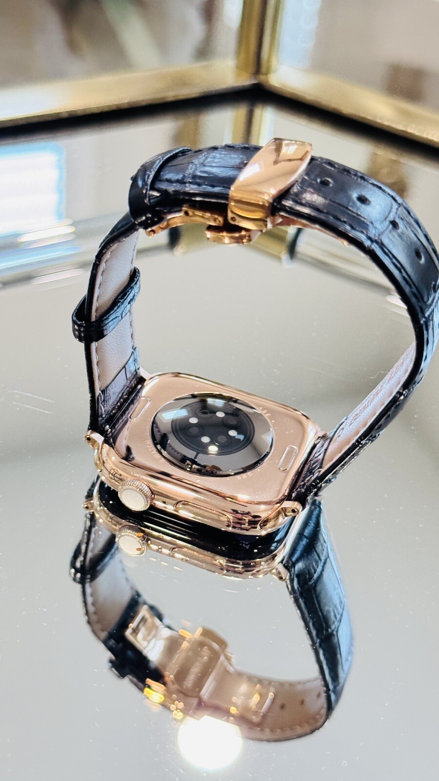 24k ROSE Gold Plated Apple Watch Series 10 46mm Black Leather Band CUSTOM