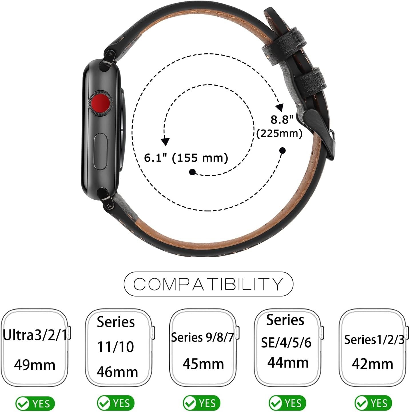 Black Genuine Leather Band for Apple Watch Ultra 49mm 44mm – Replacement Strap