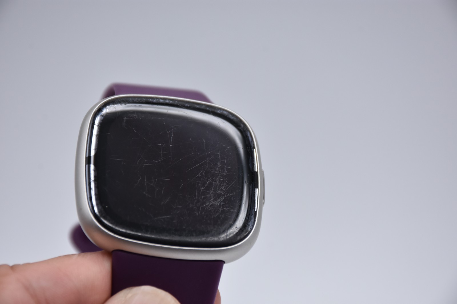 Fitbit Sense 2 Advanced Health Smartwatch Platinum Case Purple Band Scratched
