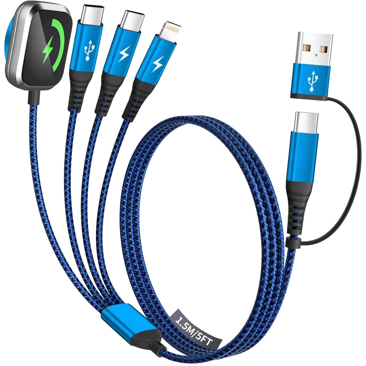 Multi Charging Cable for iPhone Watch Charger, 4 in 2 USB A/C Phone Cord 5FT