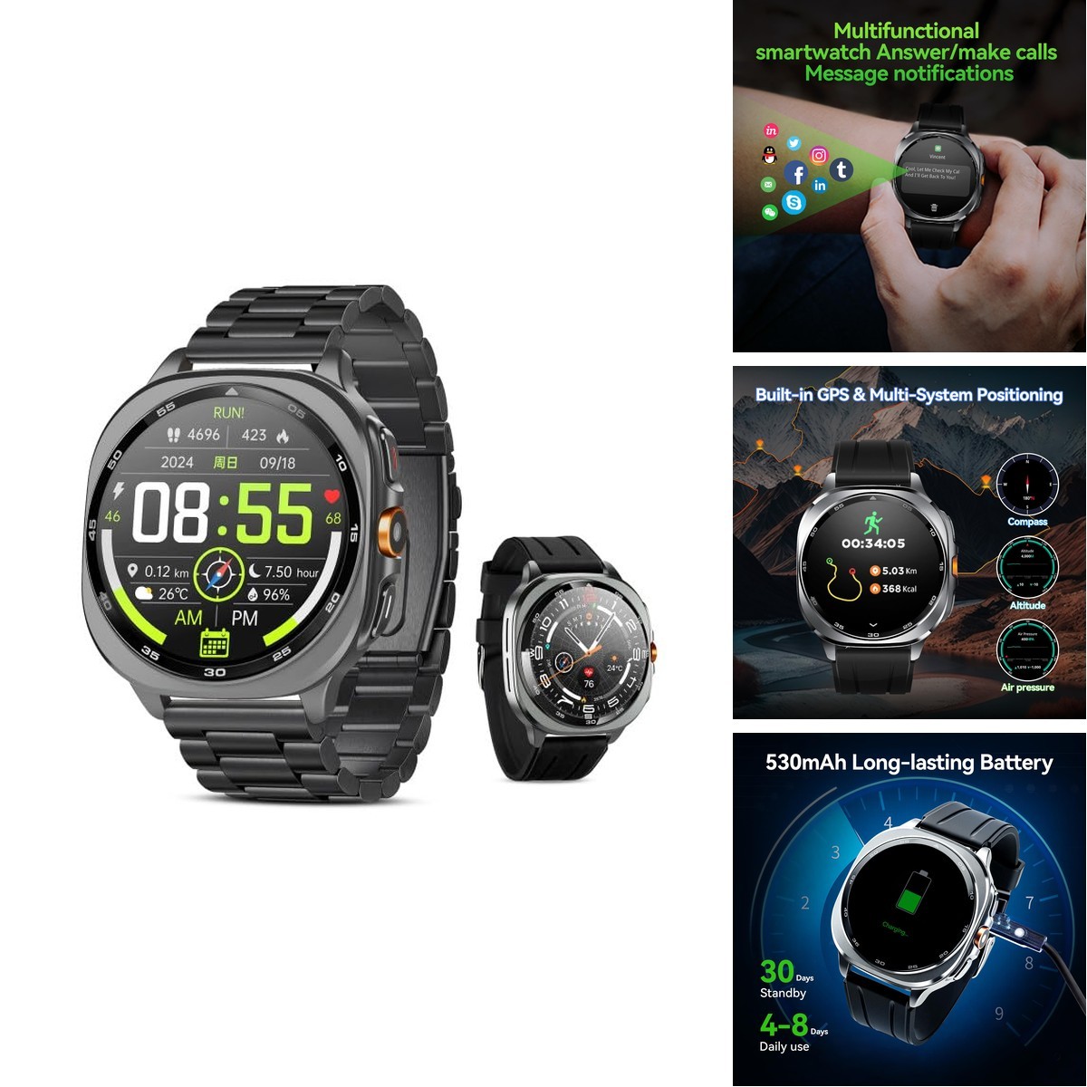 TEQDOT GPS Smart Watch Men 1.43-inch HD AMOLED 3ATM Waterproof 530mAh Large