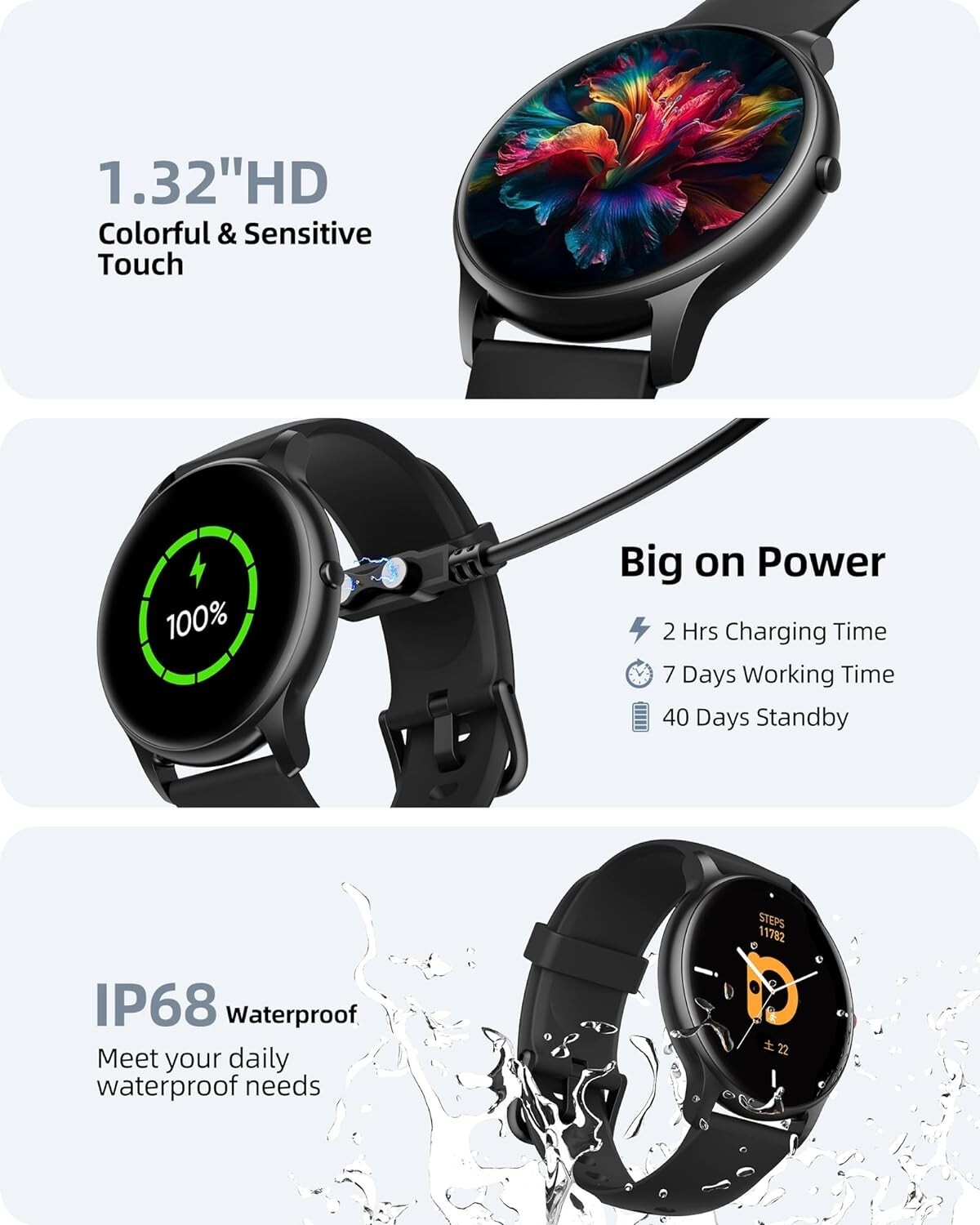 Lightweight Smartwatch: 100+ Sports Modes, 24/7 Health Tracker, IP68 Waterproof