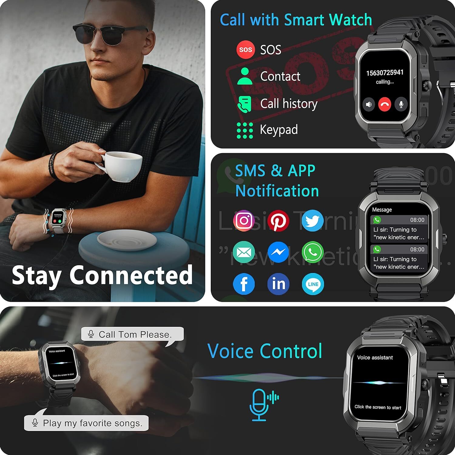 Smart Watch for Men with Calls Rugged Fitness HR/BP/SpO2 for Samsung Galaxy