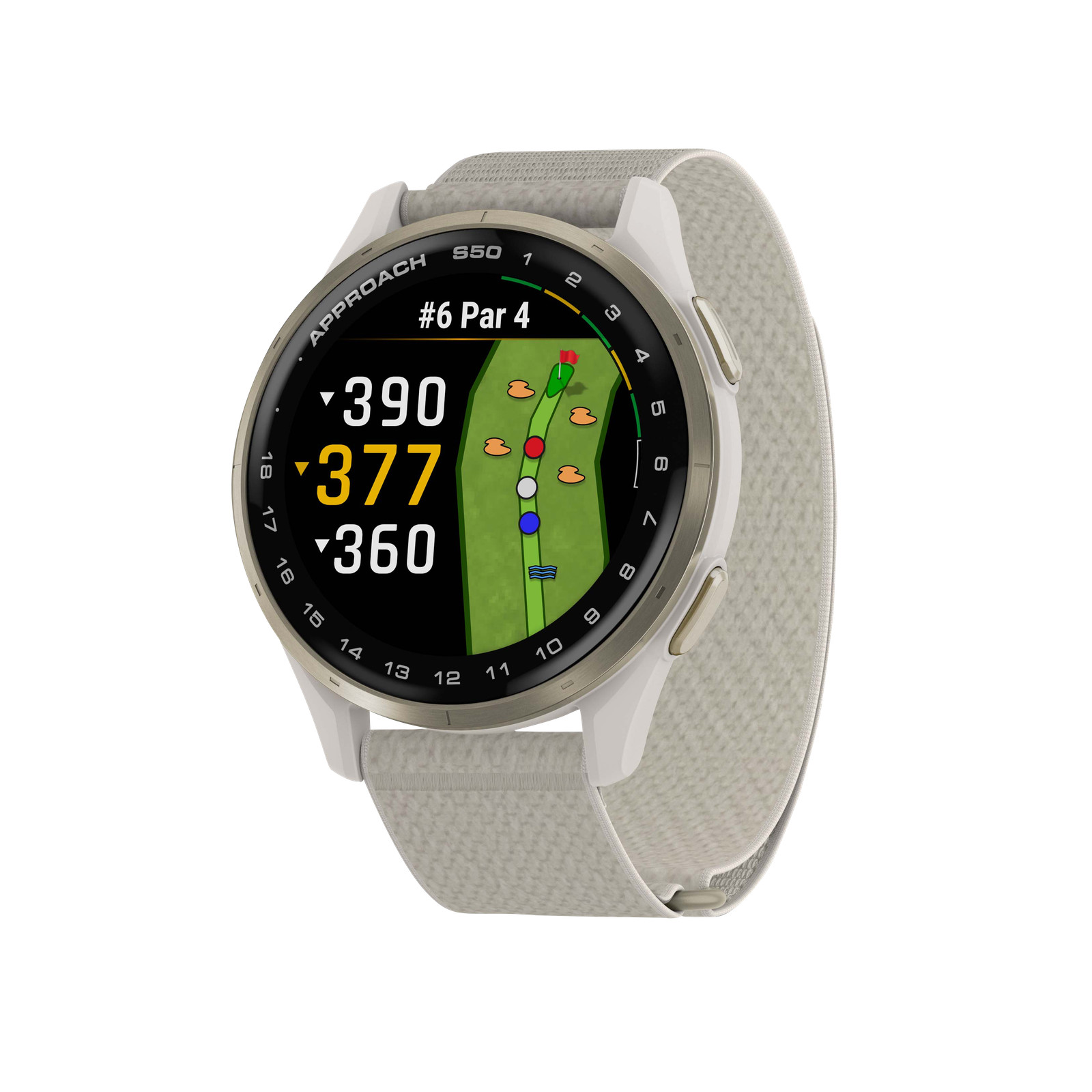 Garmin Approach S50, Gold Bezel/Ivory ComfortFit Nylon Band, (010-03010-01)