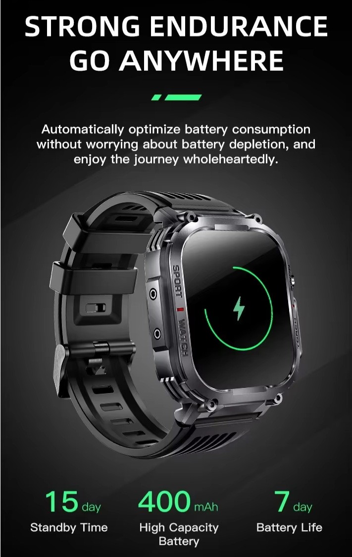 Tactical Smart Watch for Men Sport Bluetooth Call Flashlight Compass 400mAh 3ATM