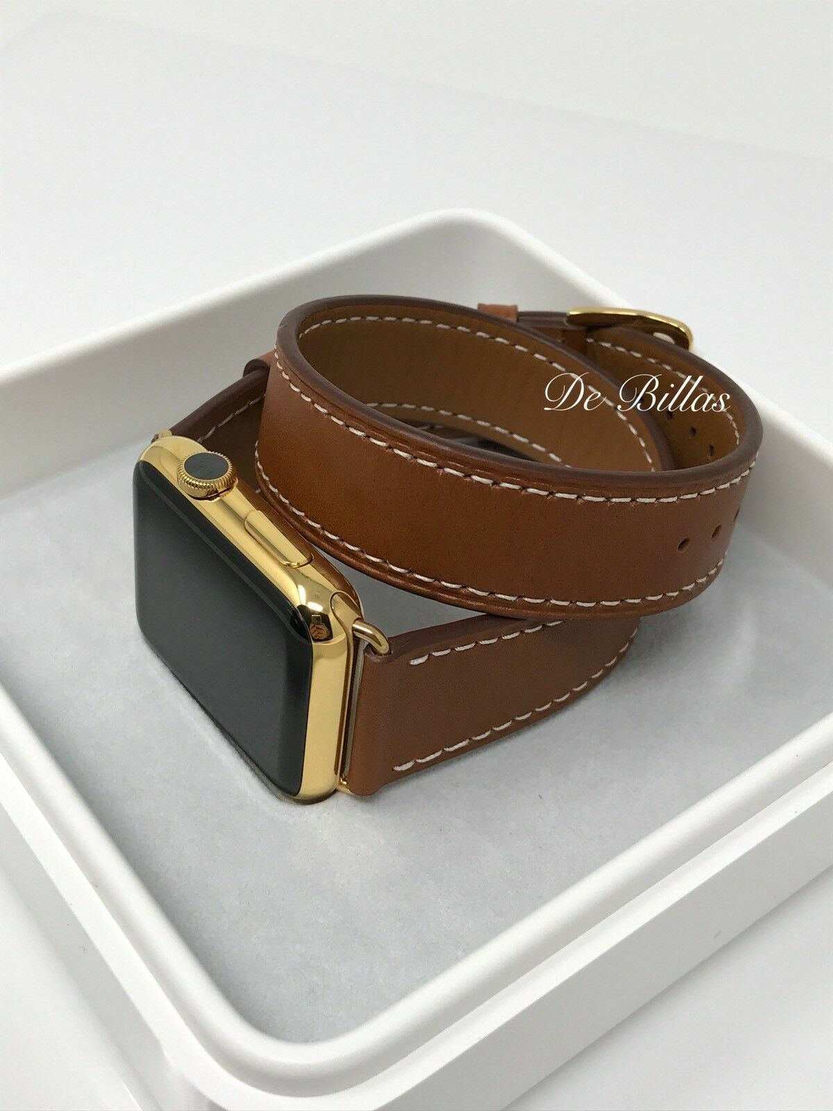 24K Gold 42MM Apple Watch Gen 1 With Double Tour Brown Leather Band