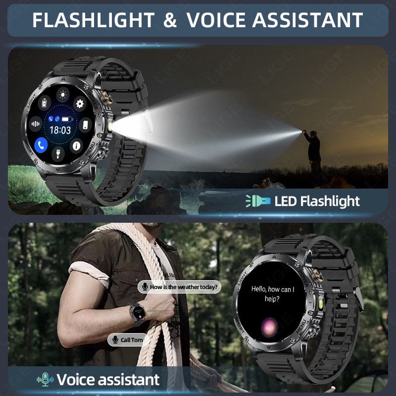 Tactical Smart Watch Men 1000mAh Battery LED Torch Blood Pressure Waterproof