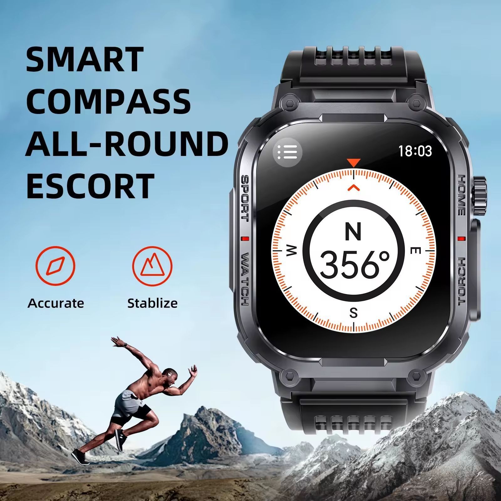 Tactical Smart Watch for Men Sport Bluetooth Call Flashlight Compass 400mAh 3ATM