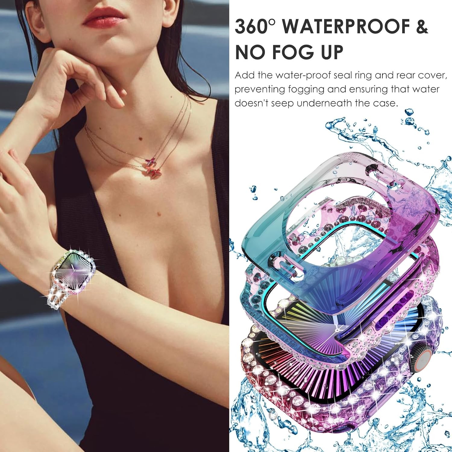 2 in 1 Waterproof Bling Case for Apple Watch Series 10 42mm with Tempered Glass