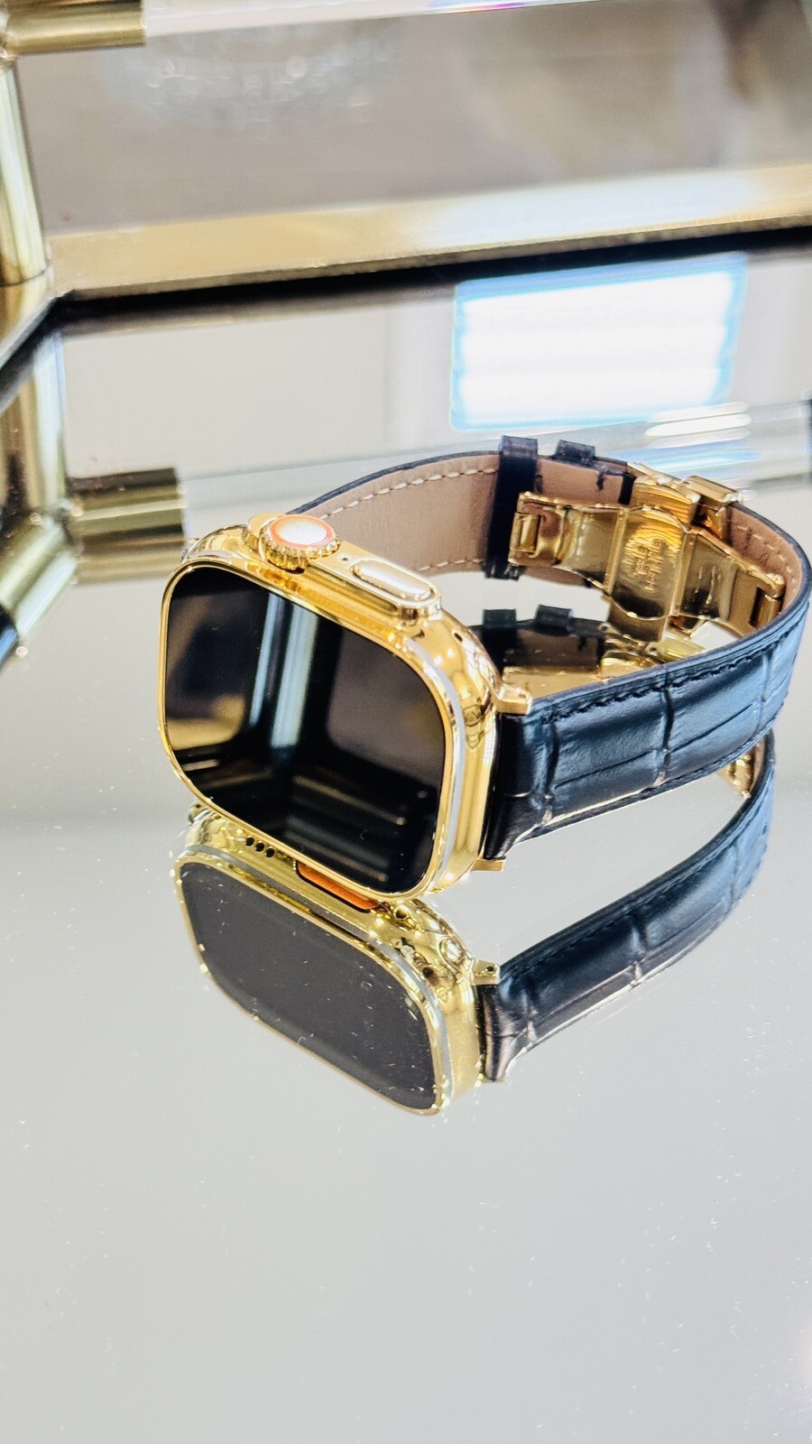 24k Gold Plated Apple Watch ULTRA 2 49mm Black Leather Band Polished CUSTOM
