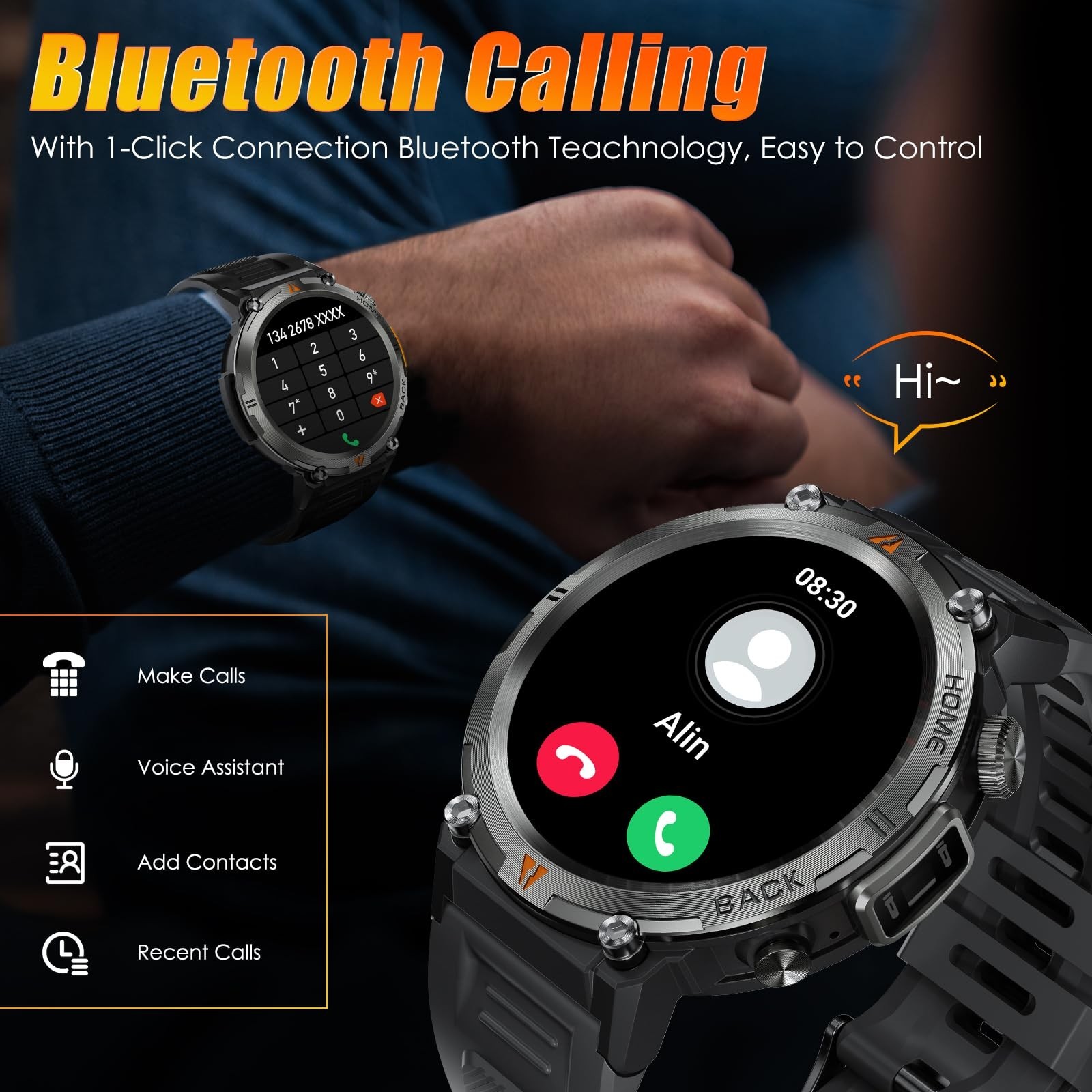 Tactical Military Smartwatch for Men, Bluetooth Call, 1.45″ Screen, Fitness Trac