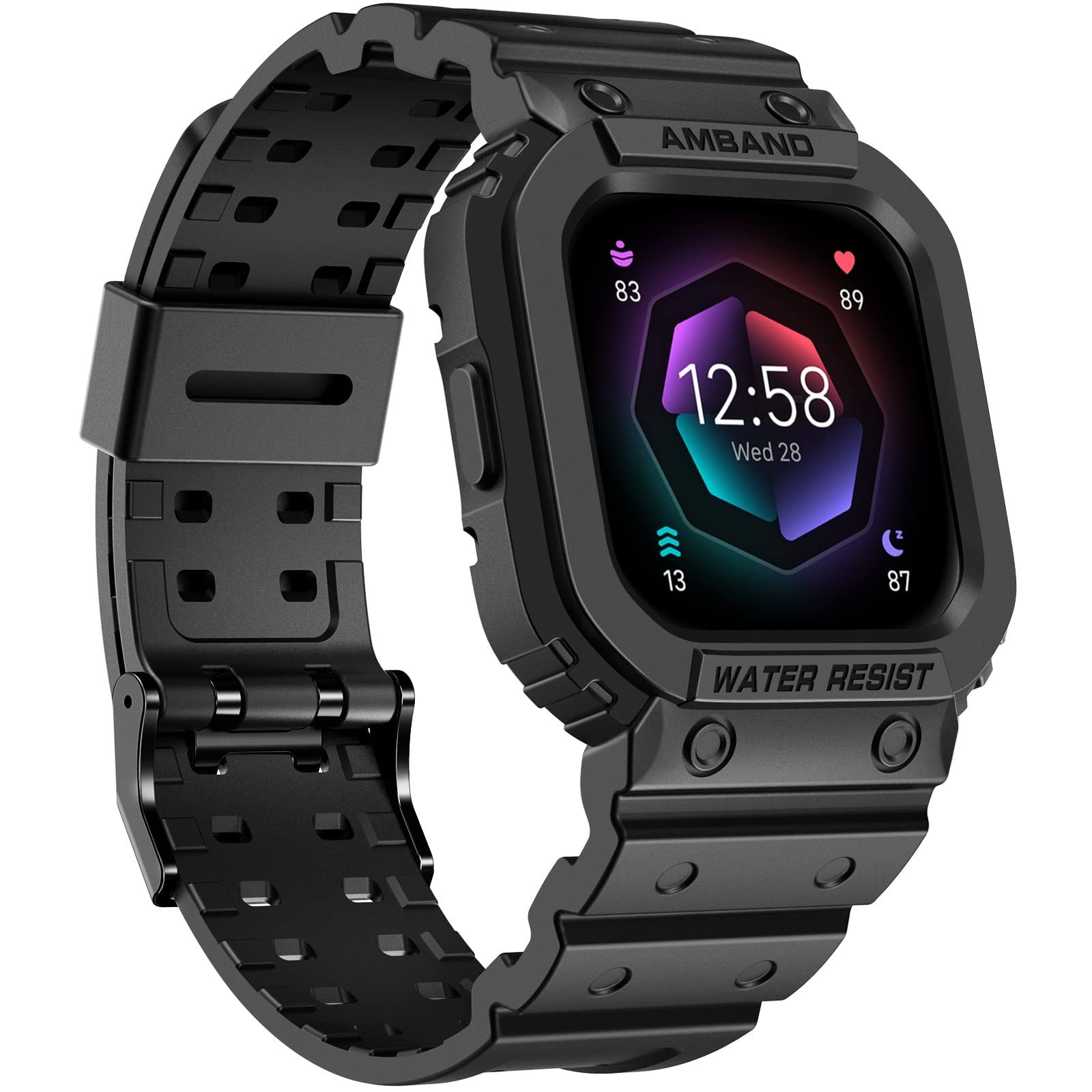 Rugged Sport Smartwatch Bands & Case for Fitbit Versa 4/3/2, Lite, Sense 2 – Bla