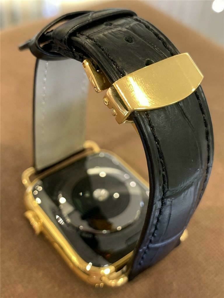 44mm Apple Watch Series 4 Stainless Steel Custom 24K Gold Plated Black Leather B