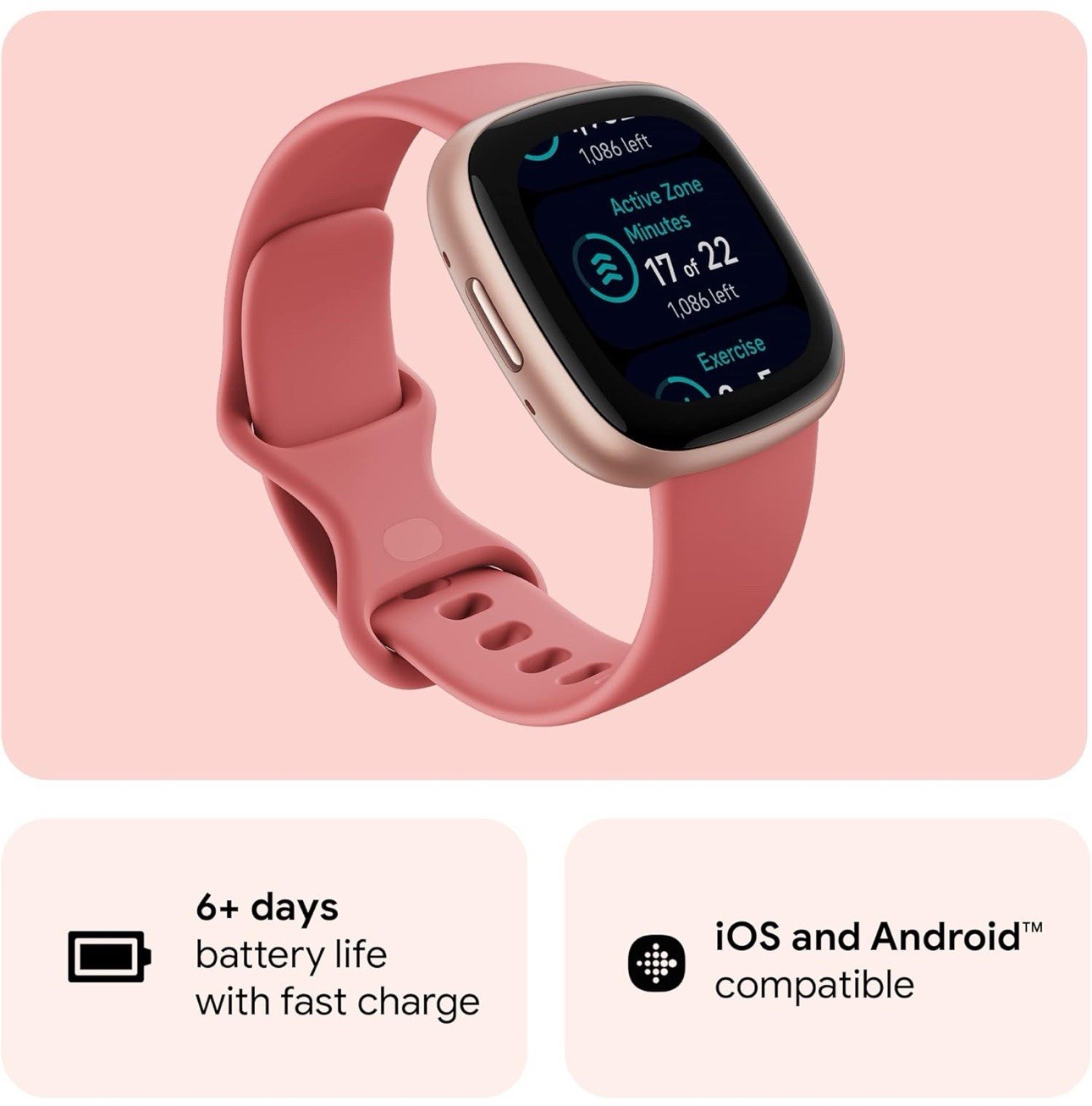 Fitbit Versa 4 Smartwatch – Copper Rose Aluminum with Pink Sand Band