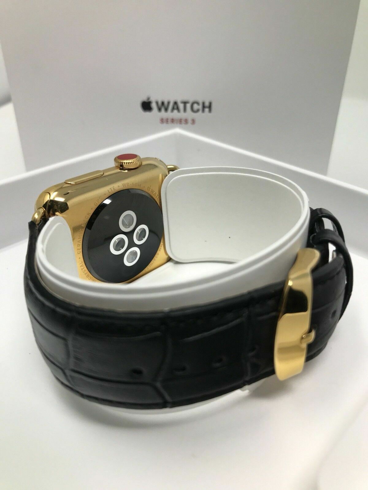 24K Gold 42MM Apple WATCH SERIES 3 Stainless Steel Black Leather Alligator Band