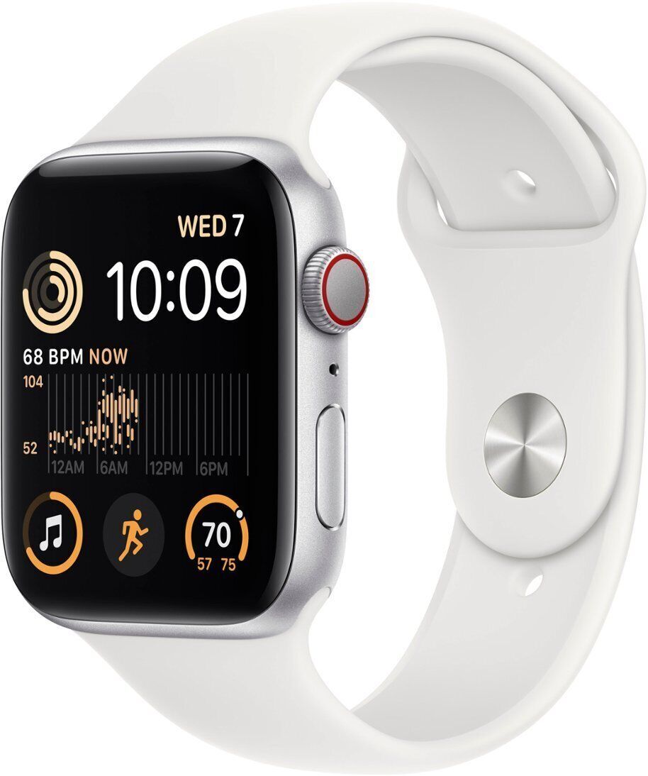 Apple Watch SE (2022) 44mm Silver Aluminum Case with White Sport Band, M/L (GPS)