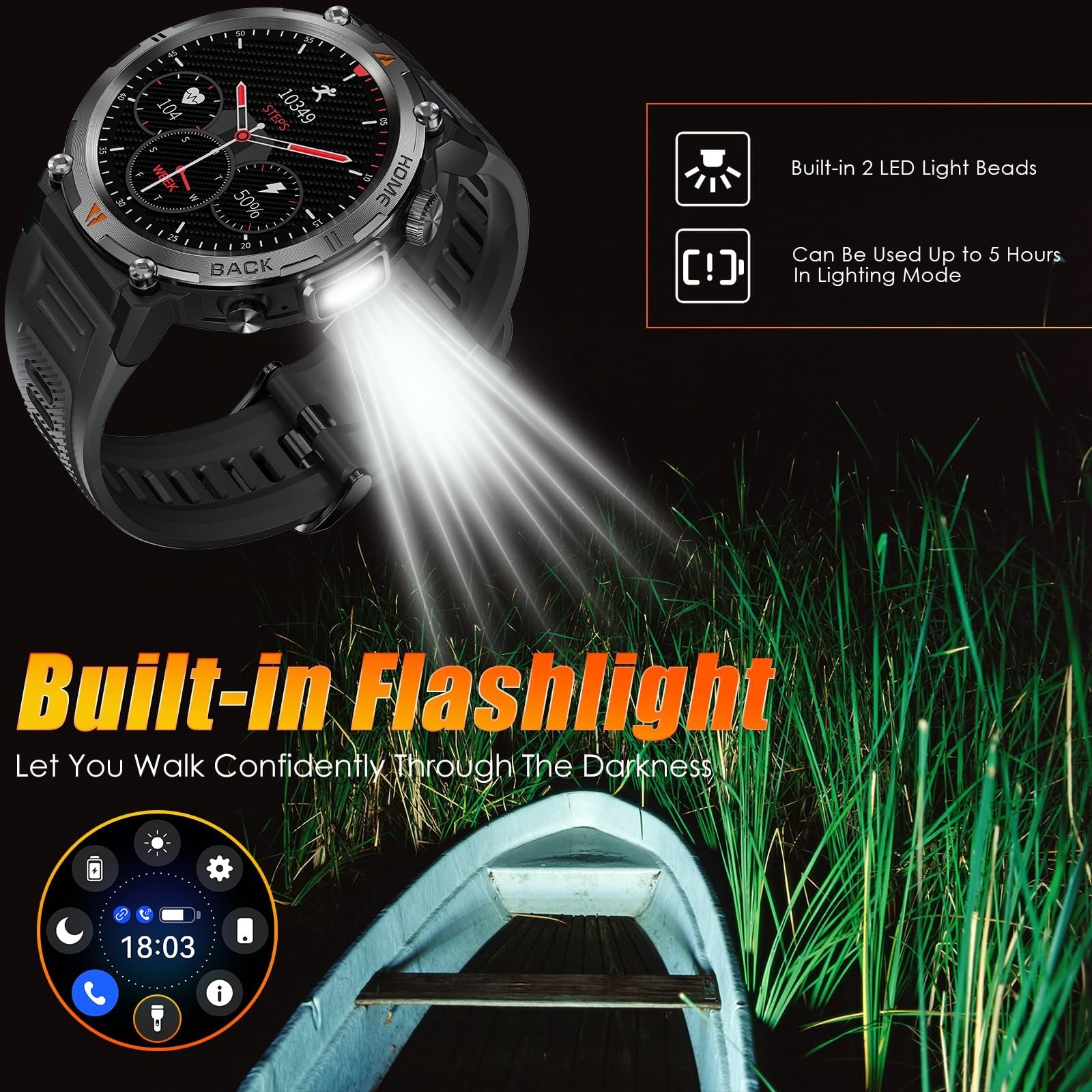 Tactical Military Smartwatch for Men, Bluetooth Call, 1.45″ Screen, Fitness Trac