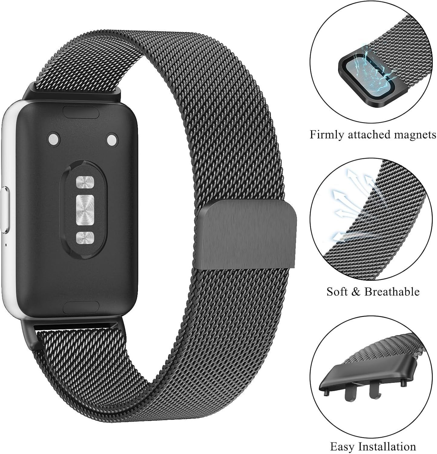 Black Stainless Steel Replacement Band for Samsung Galaxy Fit 3 20mm Smartwatch