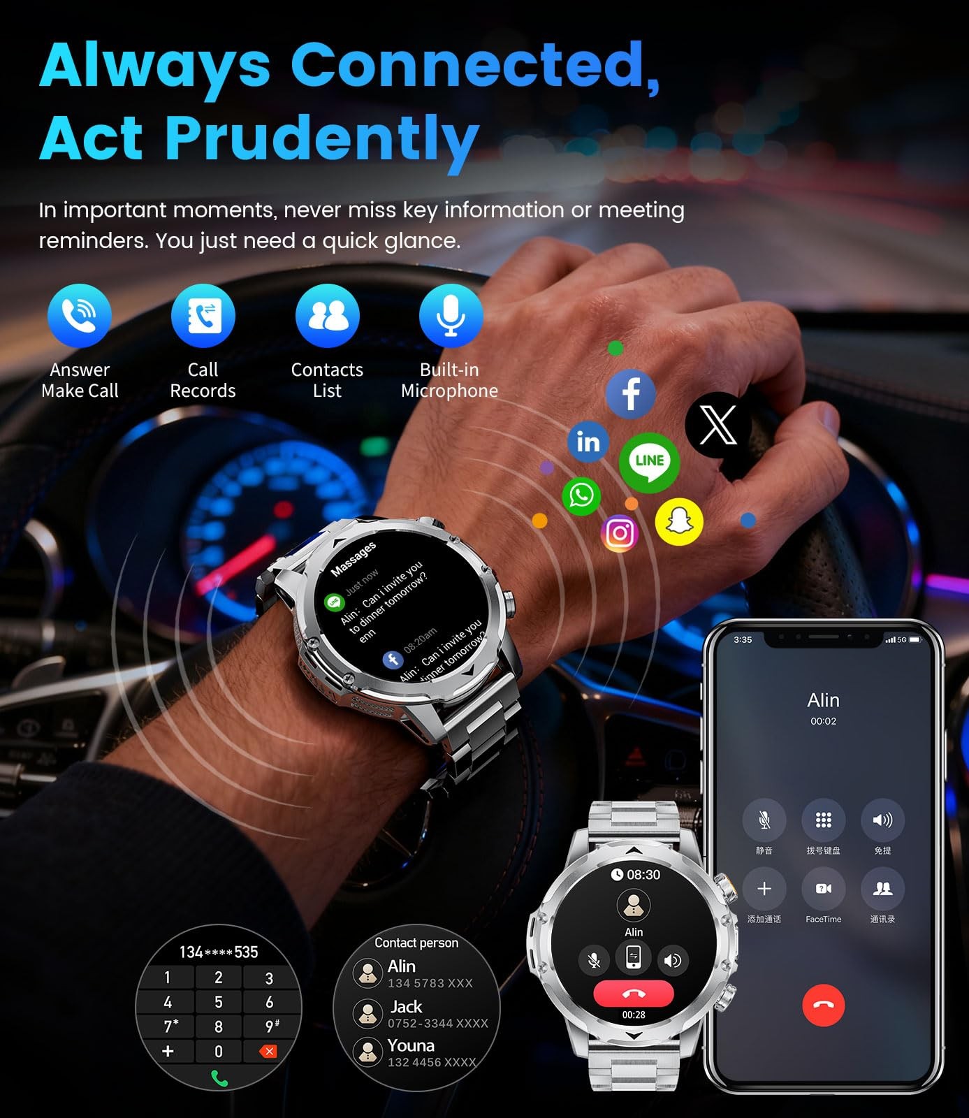 LIGEMI EF23-H 1.53” Smart Watch Silver 1000mAh Battery Flashlight Military