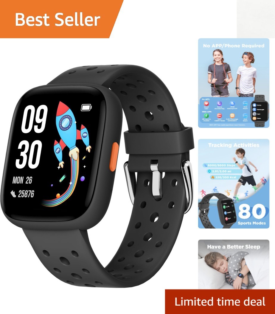 BRAVE 2 Waterproof Kids Smart Watch, 1.8” Heart Rate & Fitness Tracker, Black