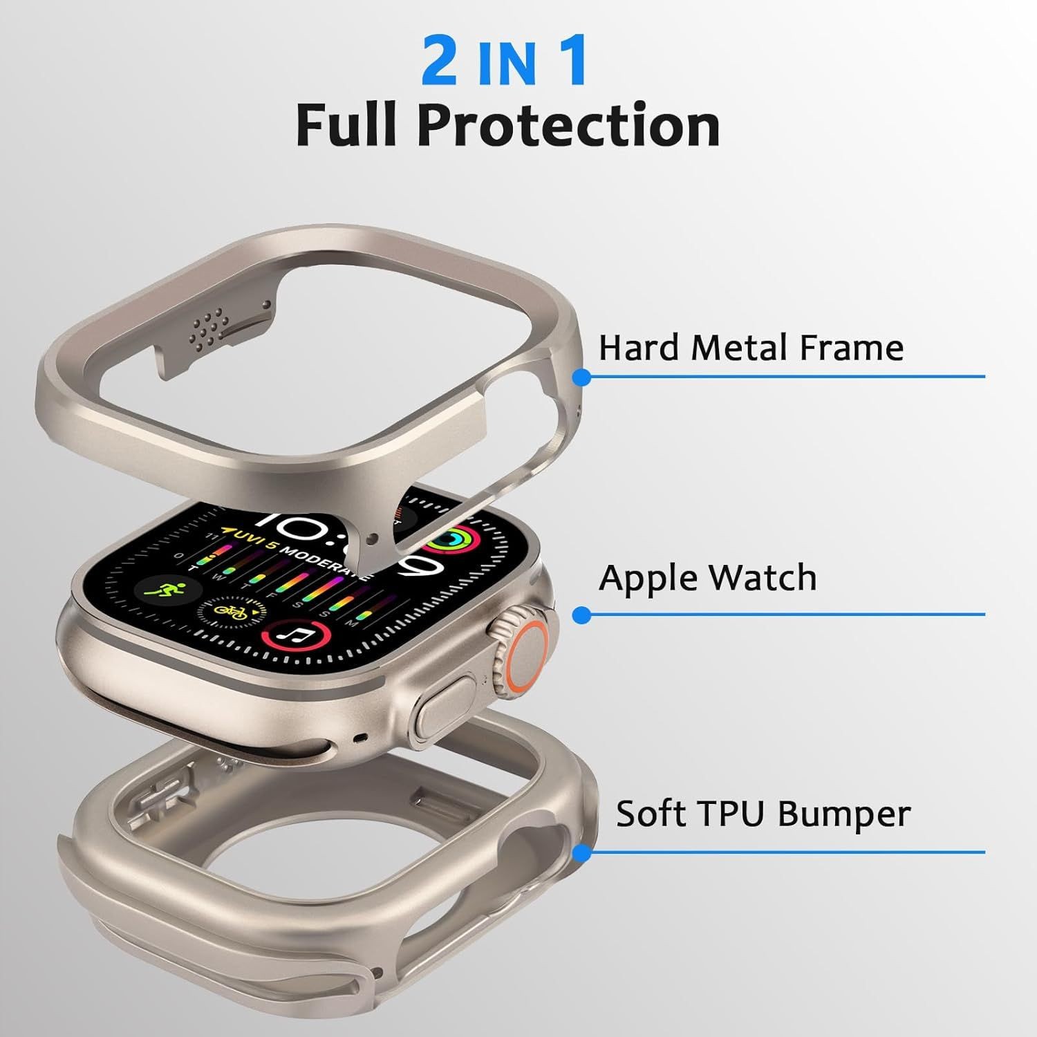 Rugged 2 in 1 Silicone Bumper Case and Metal Cover for Apple Watch Ultra 49mm