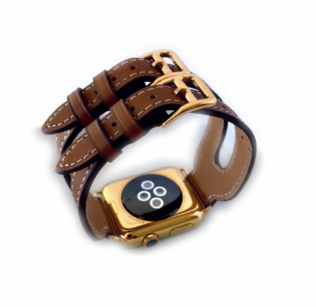24K Gold 42MM Apple Watch with Leather Etoupe Double Buckle Cuff