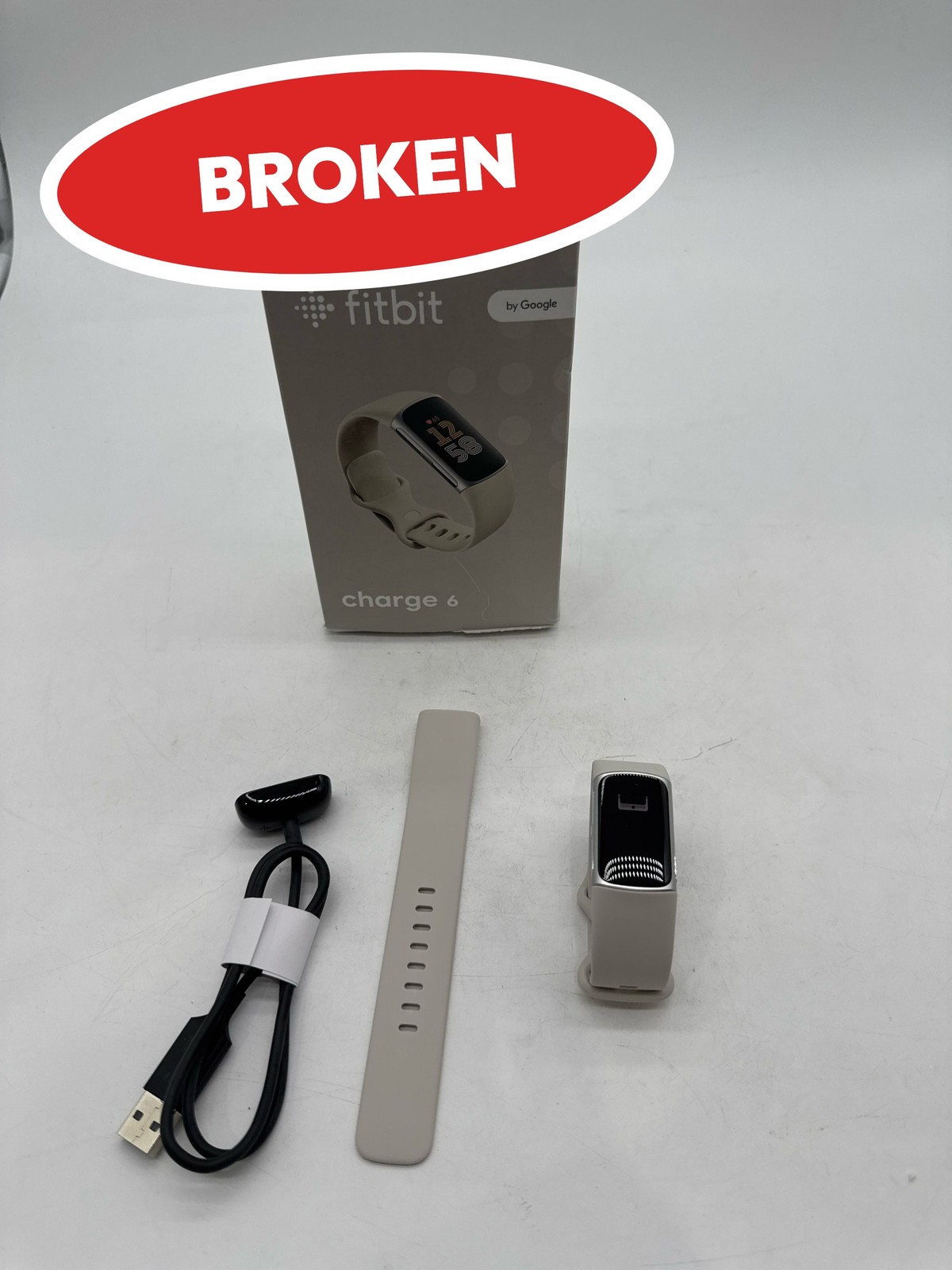 (BROKEN) Fitbit Charge 6 Fitness Tracker GPS White Band Case Silver GA05185-NA