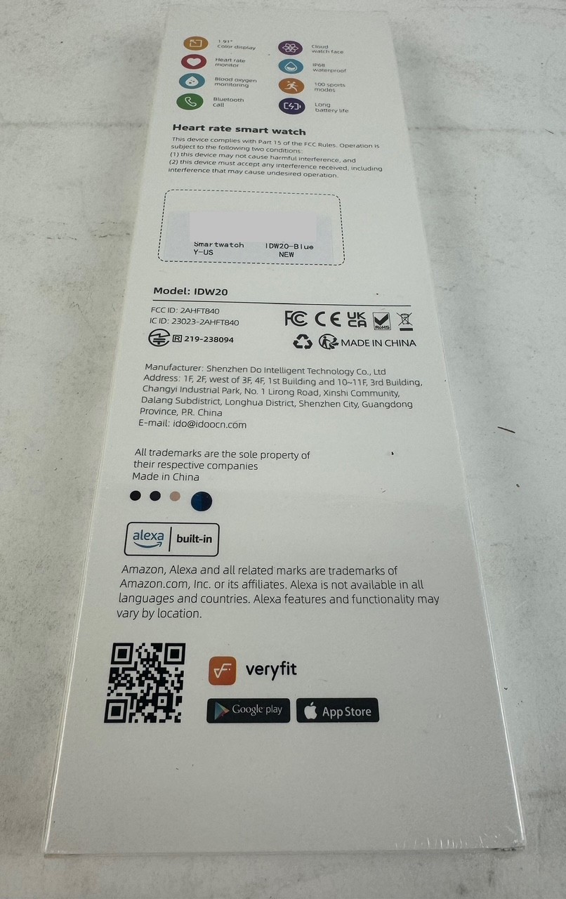 IDW20 Smart Watch Alexa Built-In 1.91″ Disp Heart Rate IP68– New – Sealed – Blue