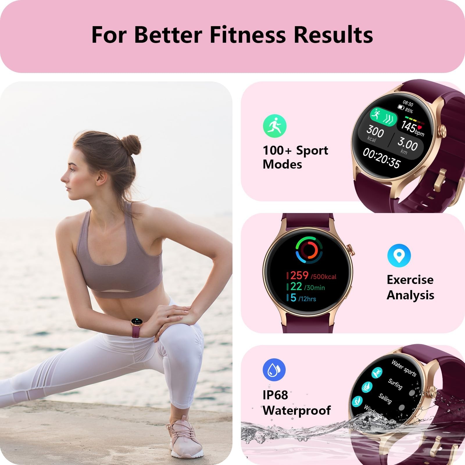 Fitness Smart Watch for Women, 1.32” AMOLED Screen, Heart Rate/Sleep Monitor, 1