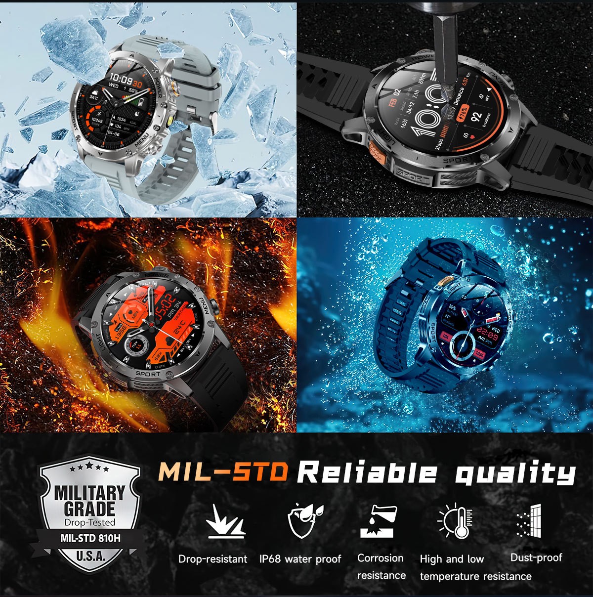 Tactical Smart Watch Men 1000mAh Battery LED Torch Blood Pressure Waterproof