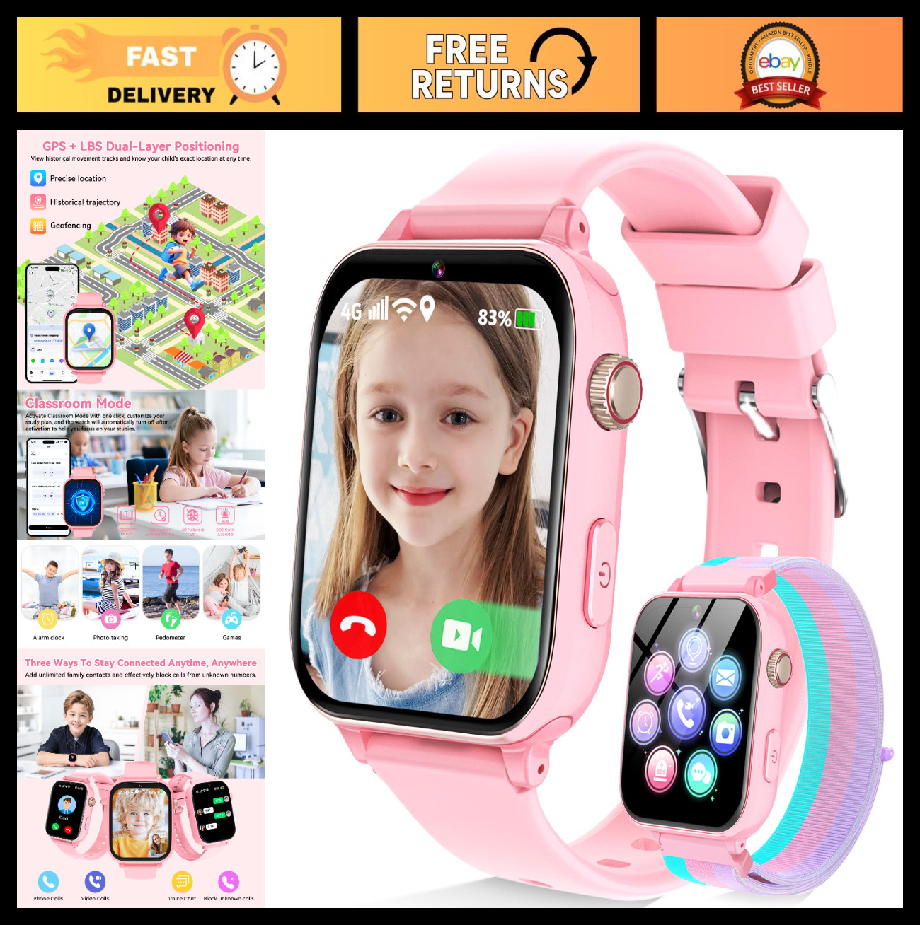 4G Kids Smart Watch Phone with GPS, Video Call, SOS, Games, Touch Screen – Pink