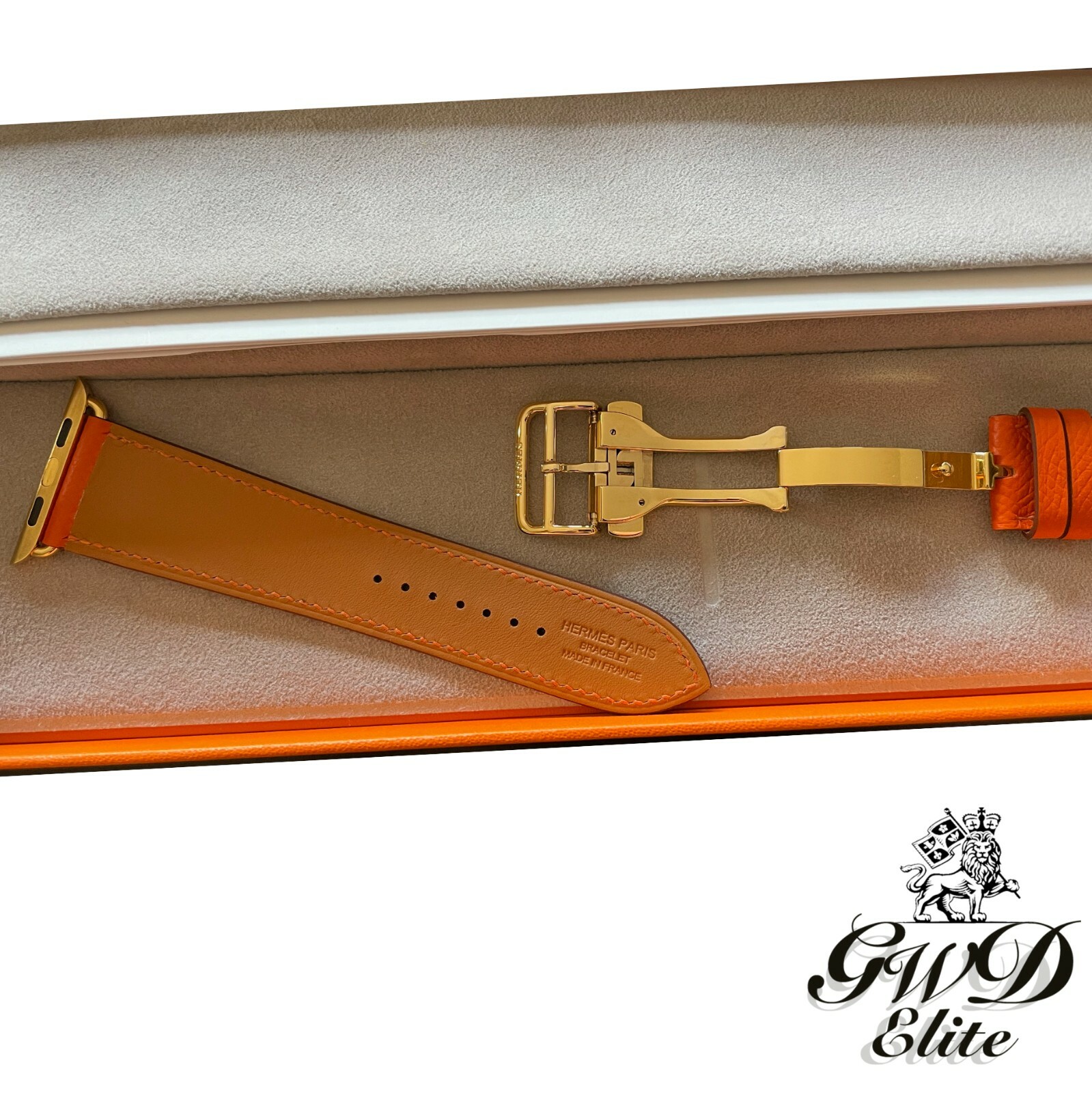 Hermes Apple Watch SERIES 7 with Orange Feu Deployment 24k Gold Plated 45mm band