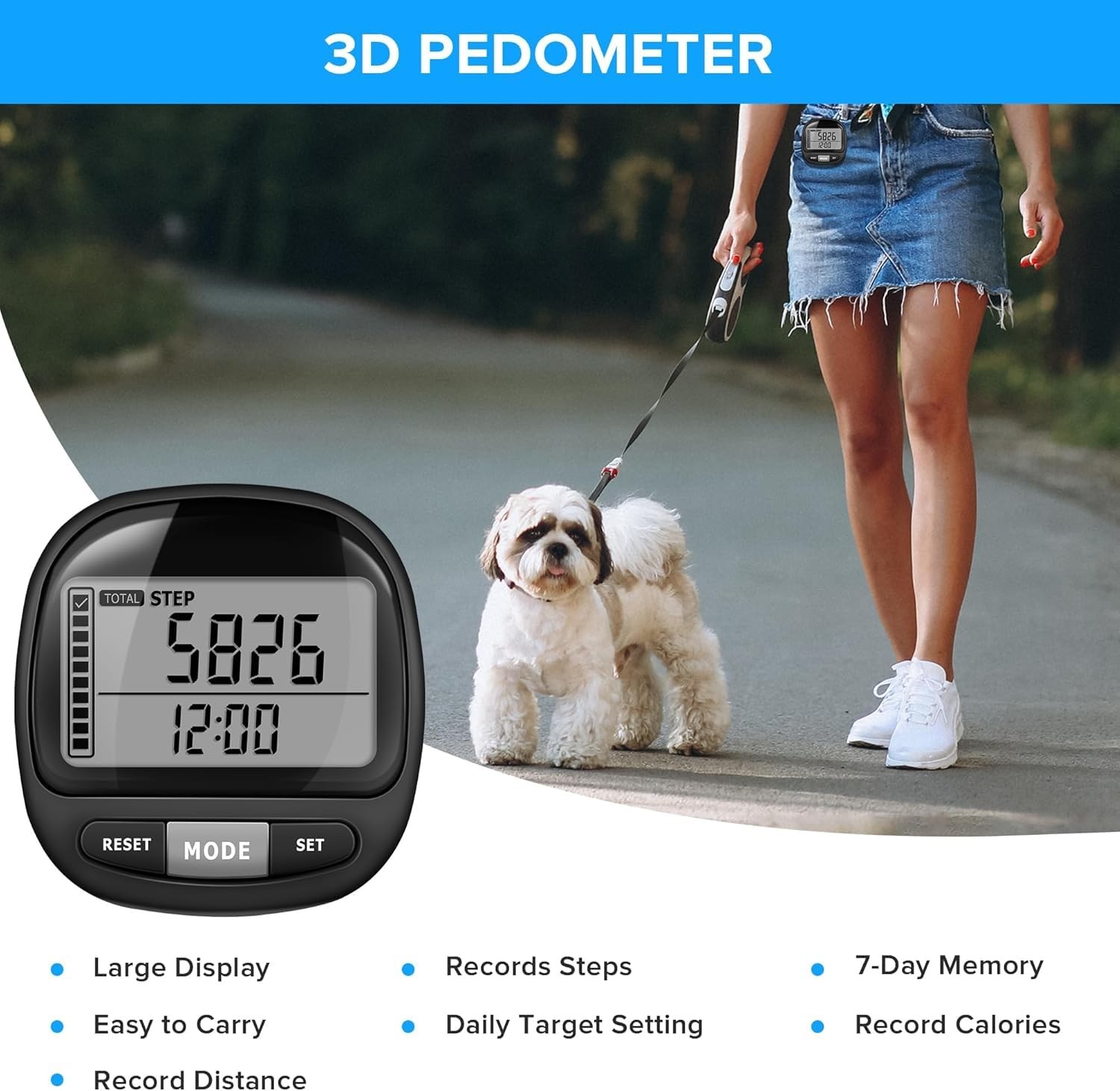 3D Pedometer Step Counter for Walking and Miles, Simple Step Tracker with Large