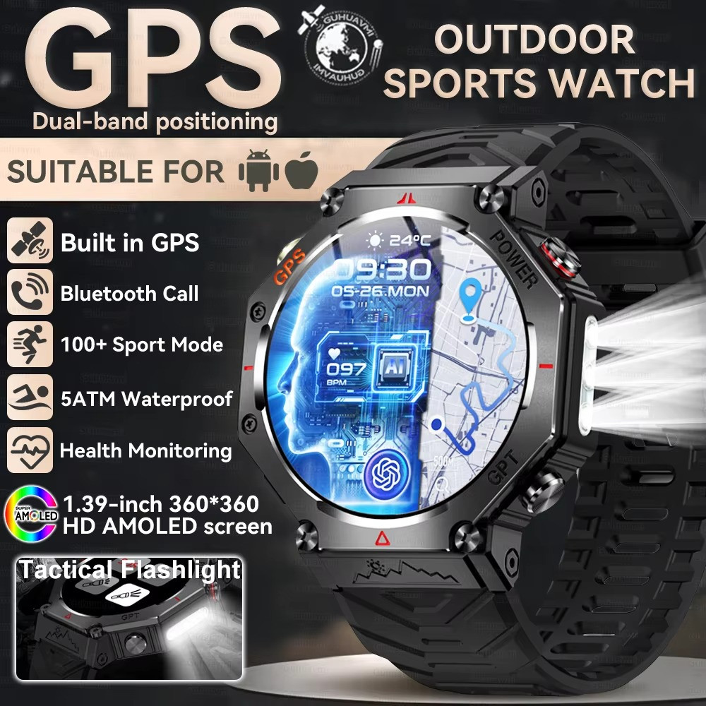 2026 GPS Smart Watch Dual-Band GNSS 5ATM/IP69K AMOLED Military w/ Flashlight