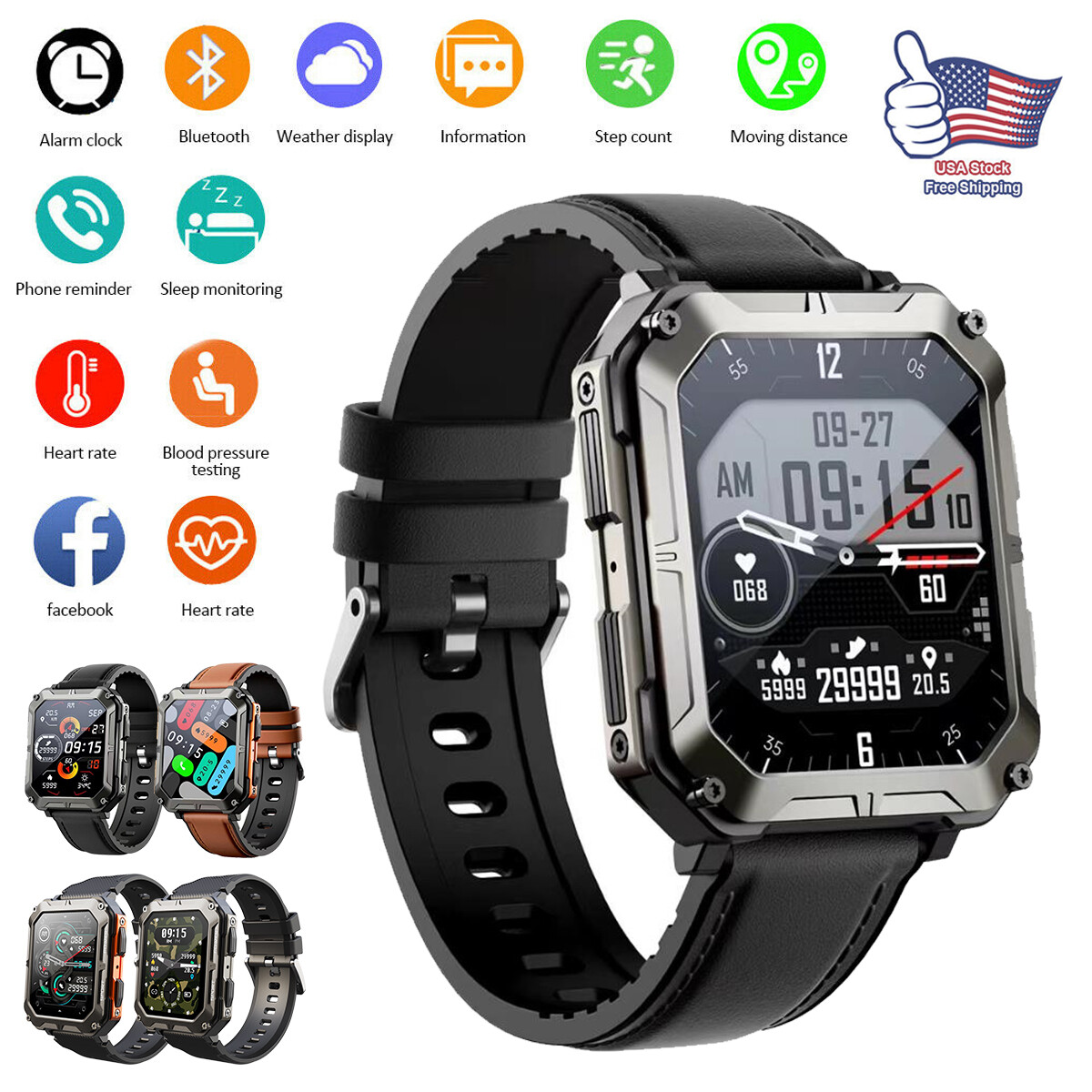 C20 Pro Rugged Military Smart Watch Men Android iOS Fitness Watches Waterproof