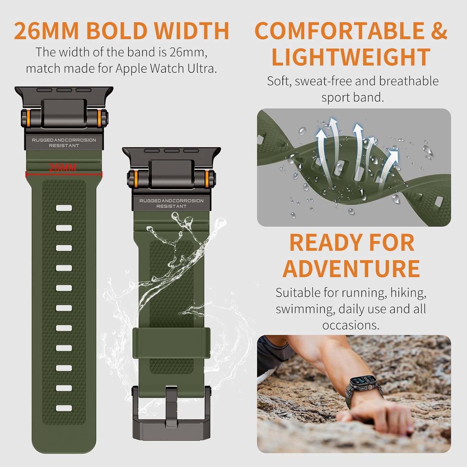 Metal and Silicone Strap Compatible with Apple Watch Ultra 49mm, Army Green/Blac