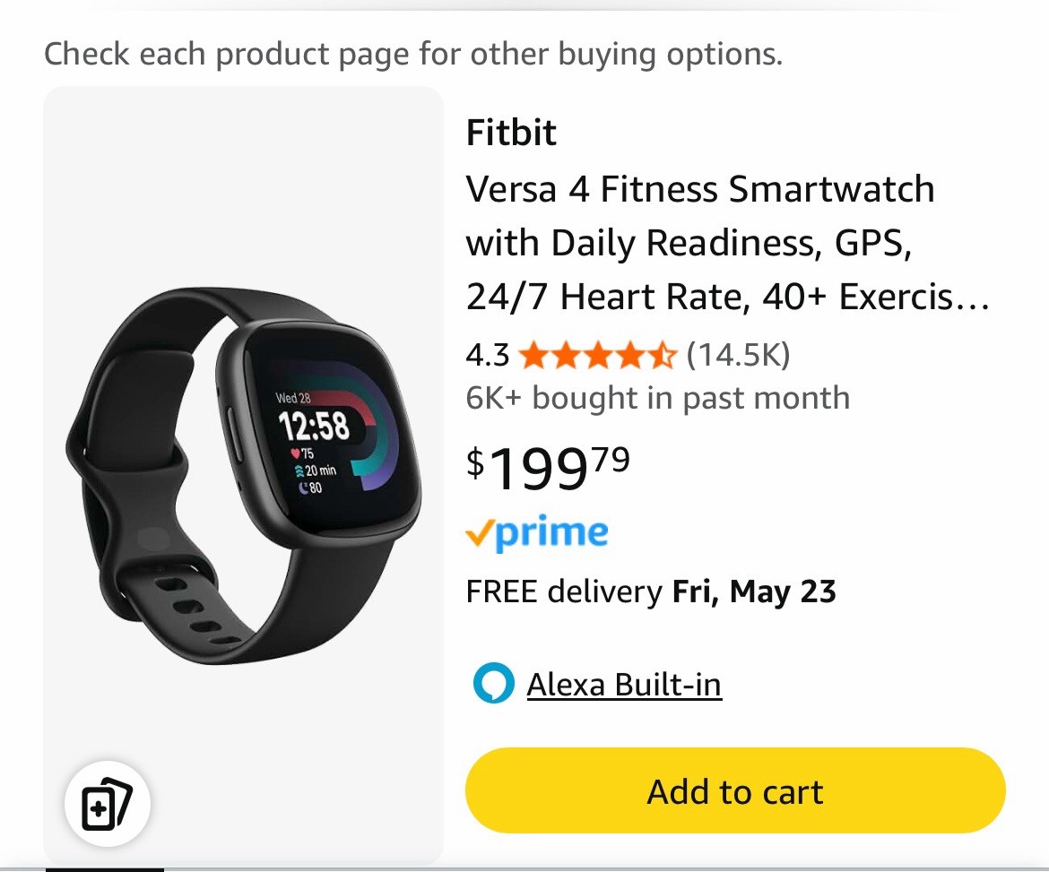 Fitbit Versa 4 Fitness Smartwatch GPS Heart Rate Alexa Black Silicone Band