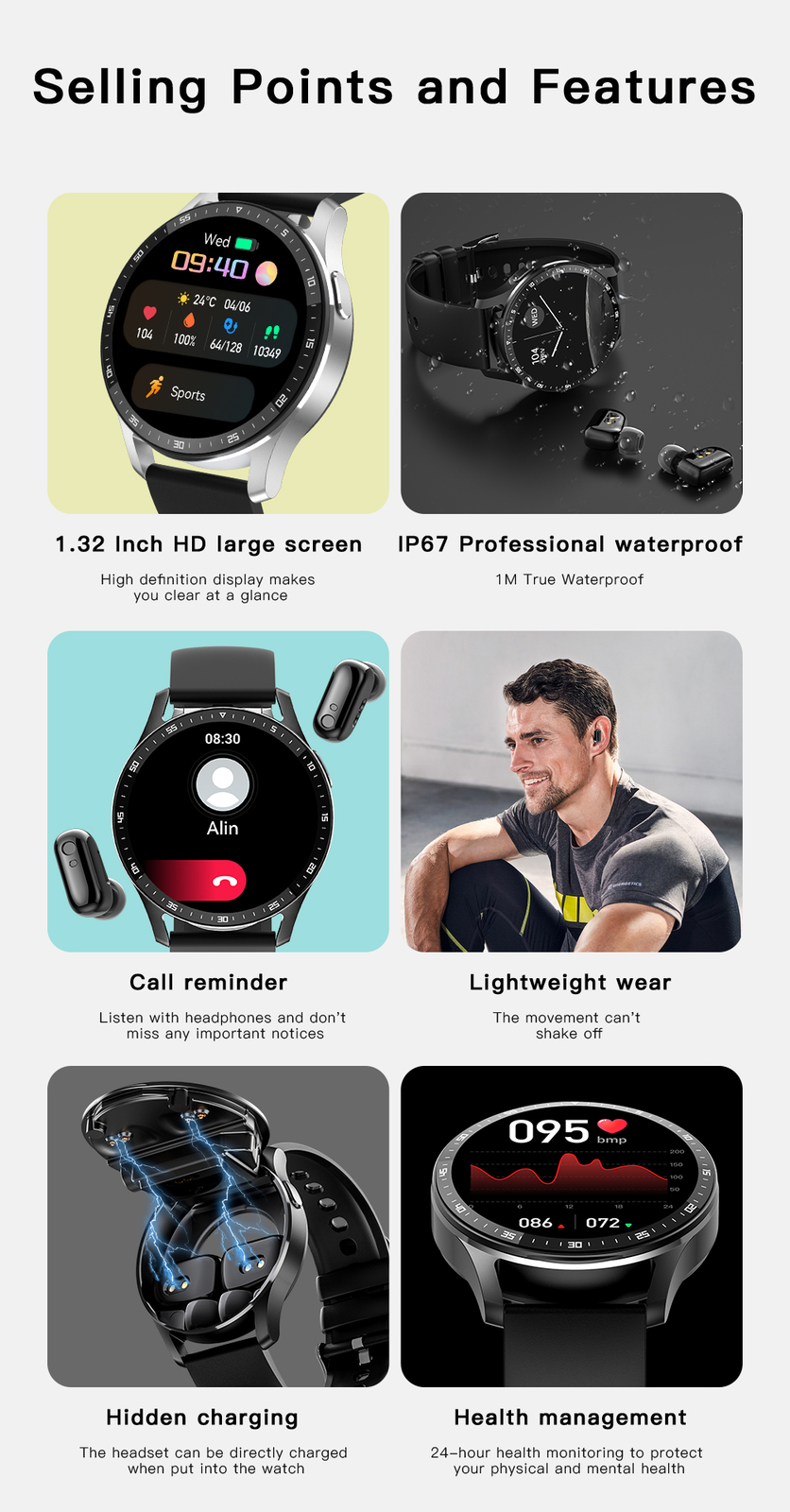 Bluetooth Smart Watch Wireless Music Headset Touchscreen Wristwatches for Phones
