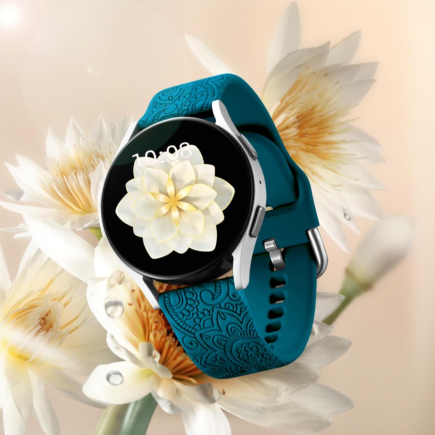 Floral Engraved Band Compatible w/ Samsung Galaxy Watch FE 6 5 4 Band 40mm 44mm