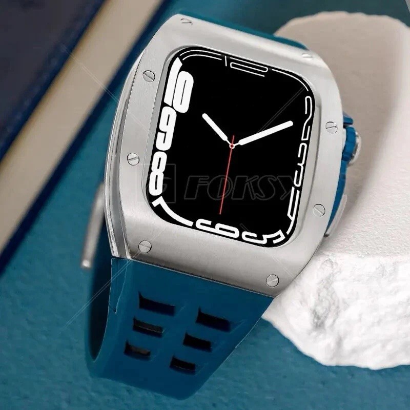 Blue Silicone Band Smart Watch Silver Metal Case Touch Screen
