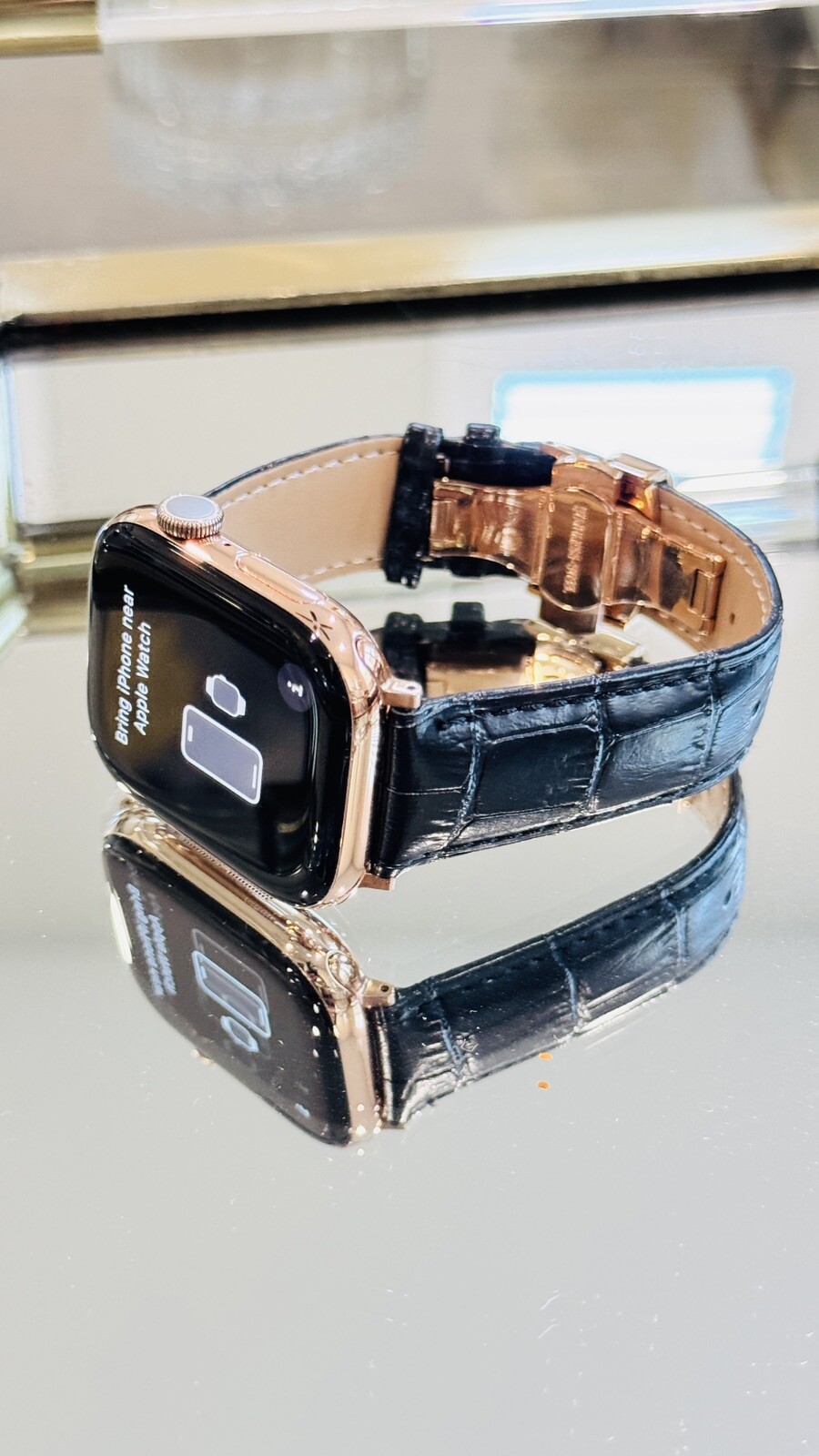 24k ROSE Gold Plated Apple Watch Series 10 46mm Black Leather Band CUSTOM