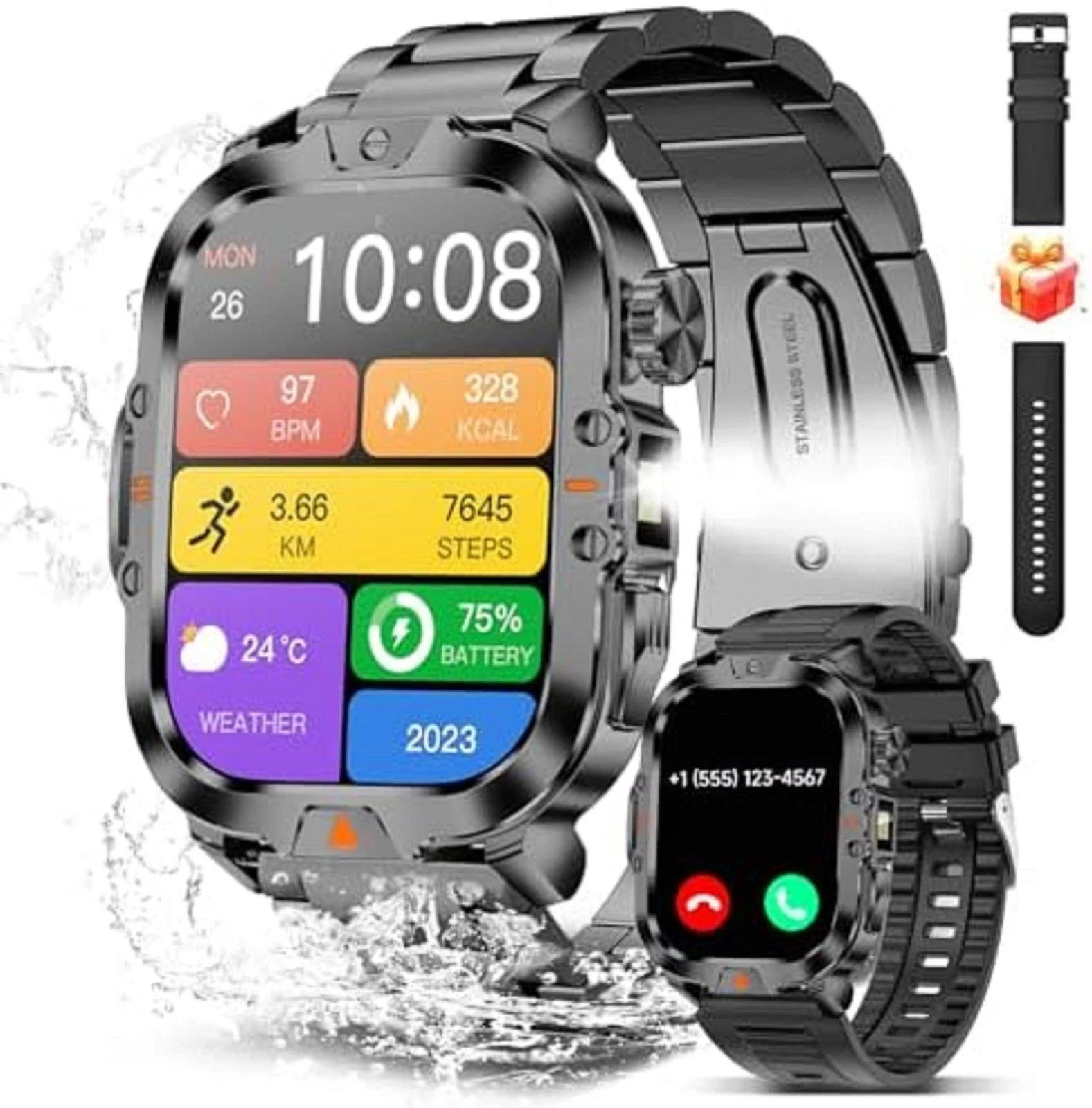 NEW 2026 Smart Watch for Men Military Smart Watch IP68 Waterproof (2 Straps)