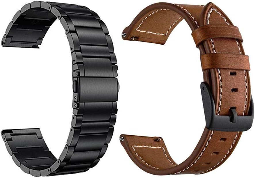 2 Pack Metal + Leather Strap Compatible with Garmin Venu 20mm