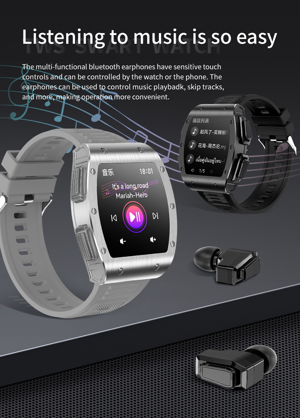 2 In 1 Smart Watch with Earbuds Men Smartwatch Wireless Headset For Android iOS