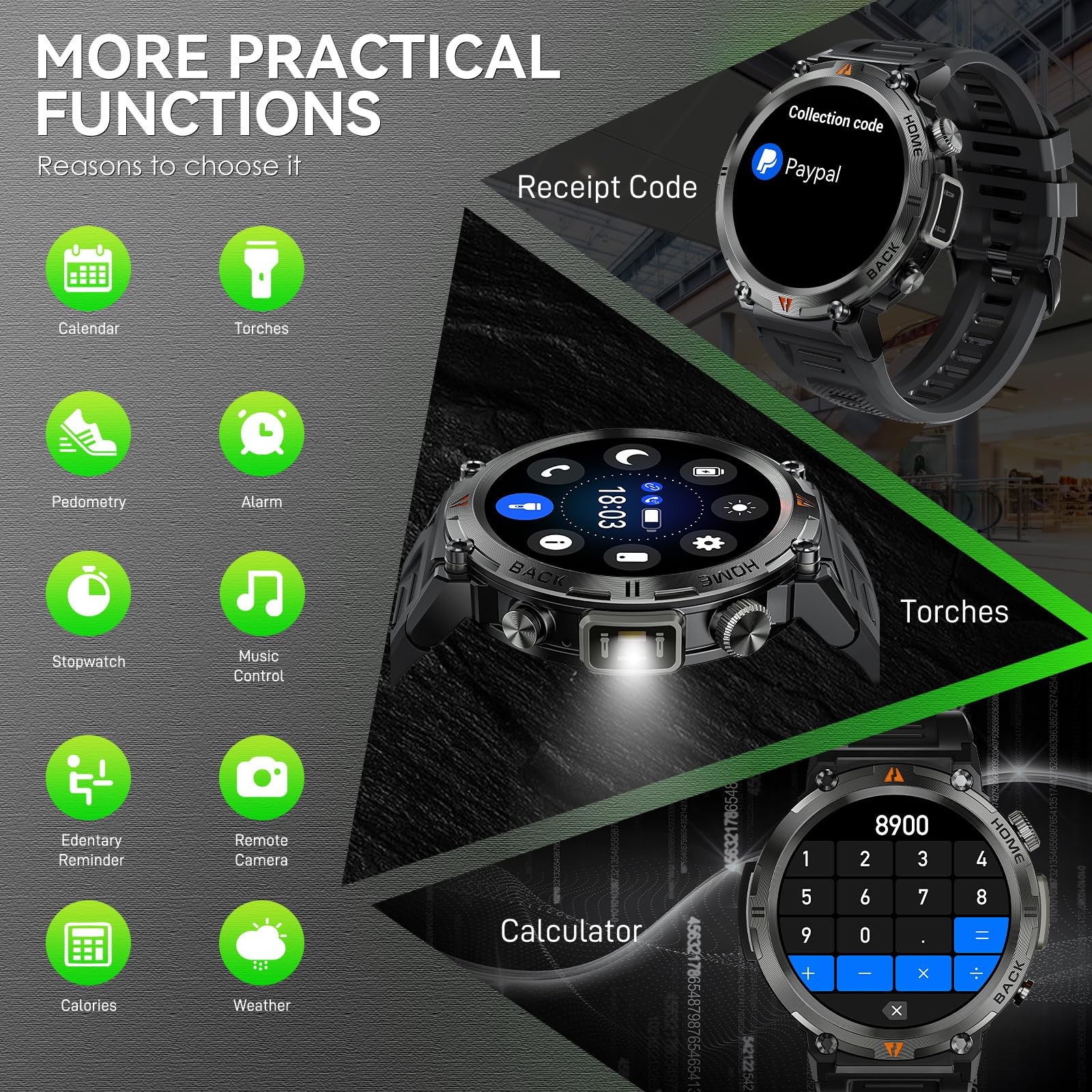 Lanikar Military Smart Watch For Men Led Flashlight 1.45 Hd Outdoor Tactical